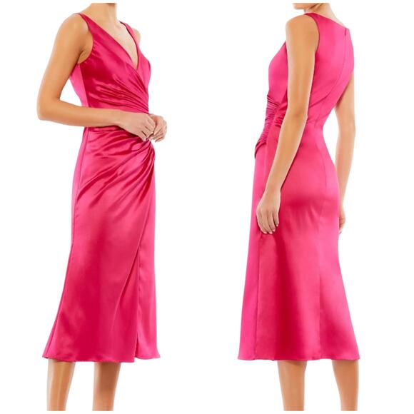 Mac Duggal NWT Pink Satin Ruched V-Neck Faux Wrap Midi Dress Size 4 Sleeveless - Picture 2 of 10